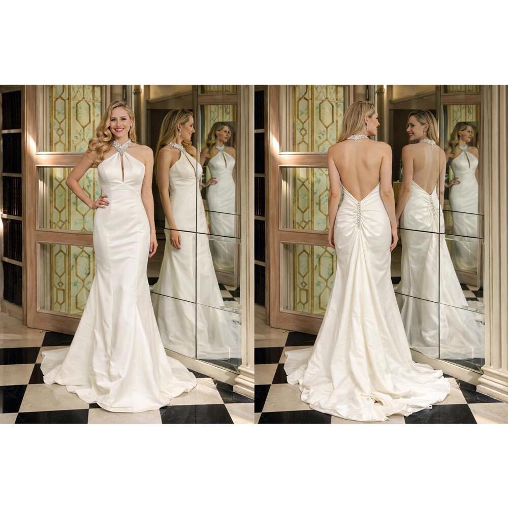 Demetrios Ivory Halter Open-Back Bridal Gown Rhinestone Neckline sz 8 Formal NWT - Picture 2 of 8